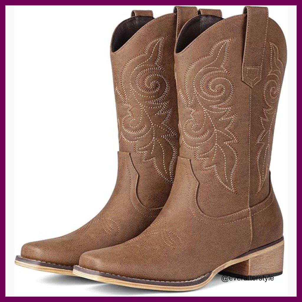 Faux Leather Cowboy Boots With Retro Embroidery, Square Toe Mid Calf